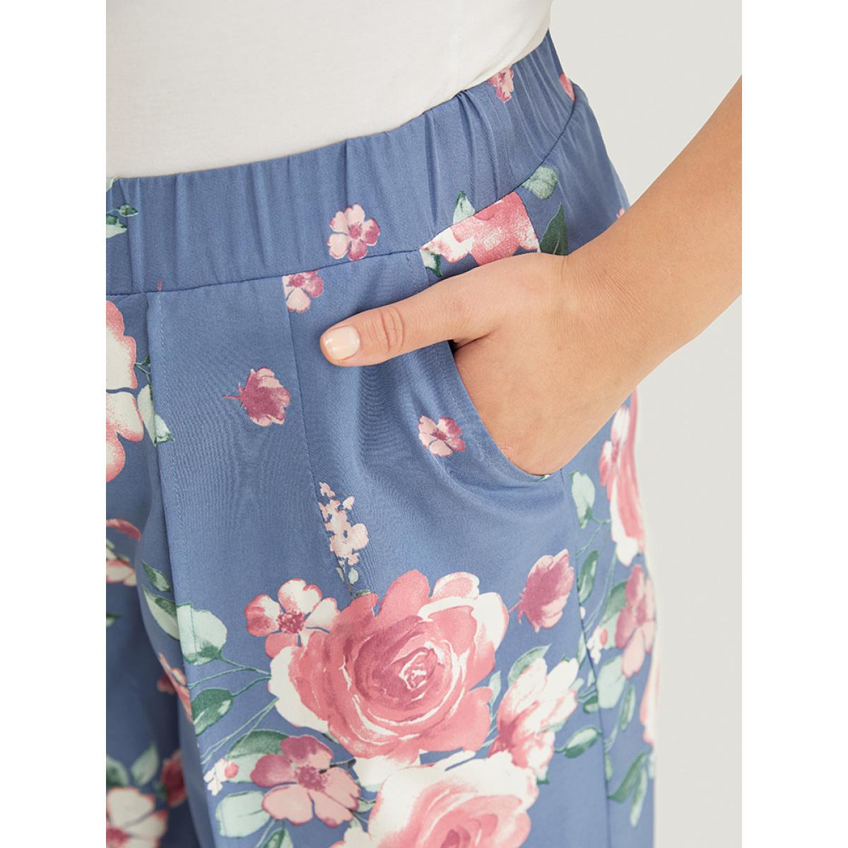 Plus Size Floral Print Pocket Split Wide Leg Pants Women Blue Elegant Mid Rise Dailywear Pants BloomChic 10/M Product Image
