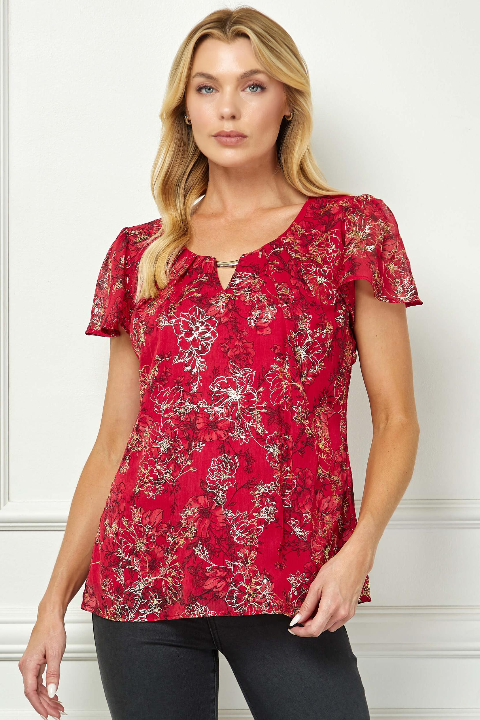 3/4 Flare Sleeve Cutout Trim Front Neck Swing Blouse in Black Product Image