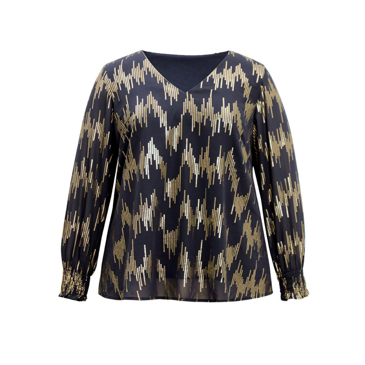 Plus Size Indigo Glitter V Neck Shirred Lantern Sleeve Blouse Women Glamour Long Sleeve V-neck Going out Blouses BloomChic 12/L Product Image