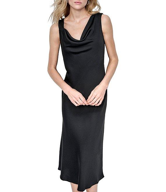 DKNY by Donna Karan Satin Cowl Neck Asymmetrical Strap A-Line Midi Dress Product Image