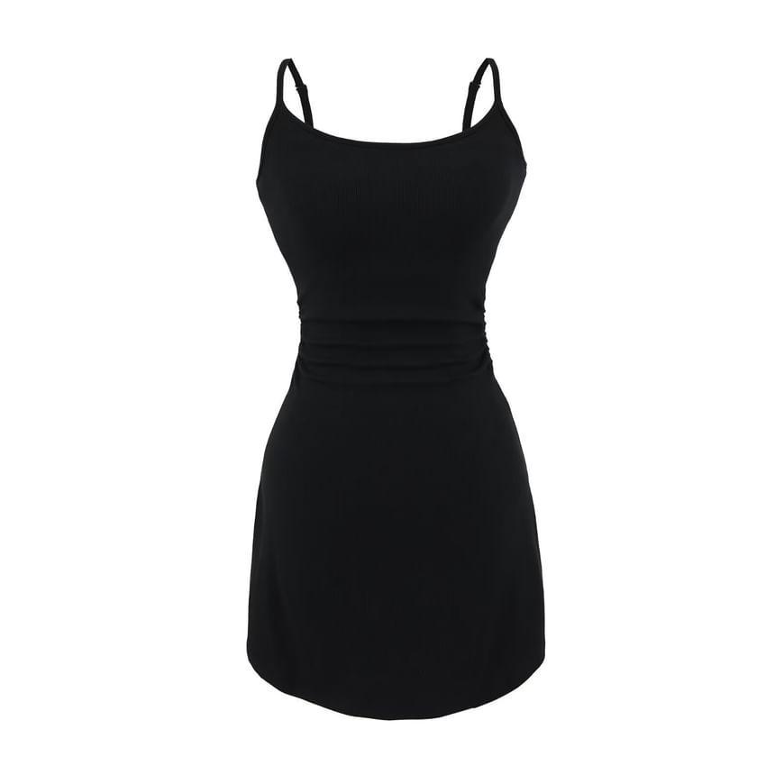 Spaghetti Strap Scoop Neck Plain Ruched Mini A-Line Dress Product Image