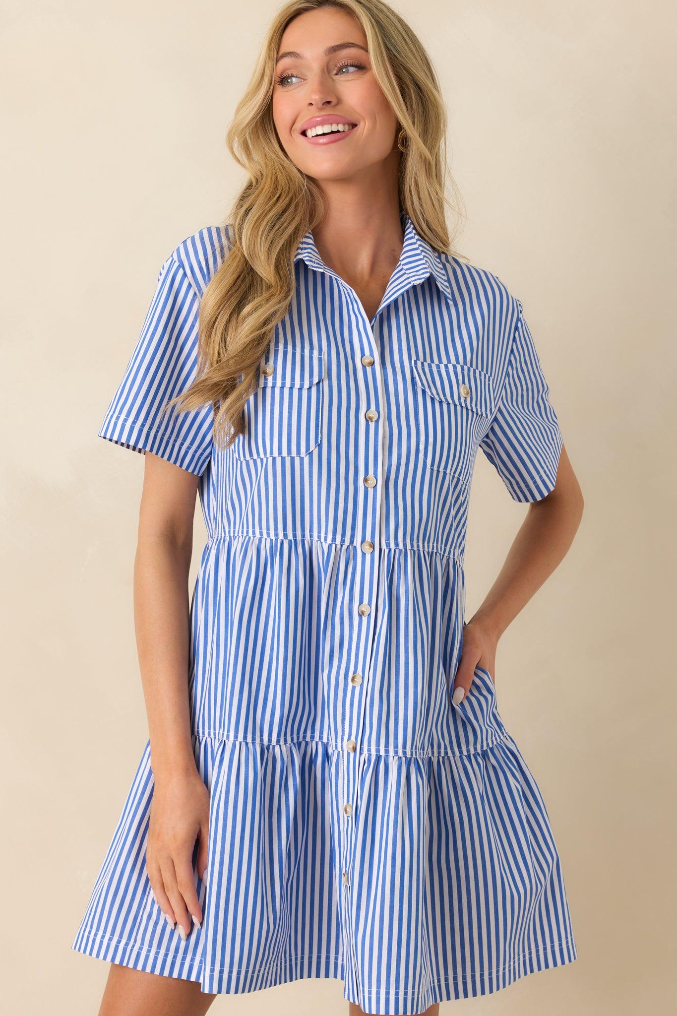 Staple The Label Blue Stripe Cotton Mathilde Mini Shirt Dress Product Image
