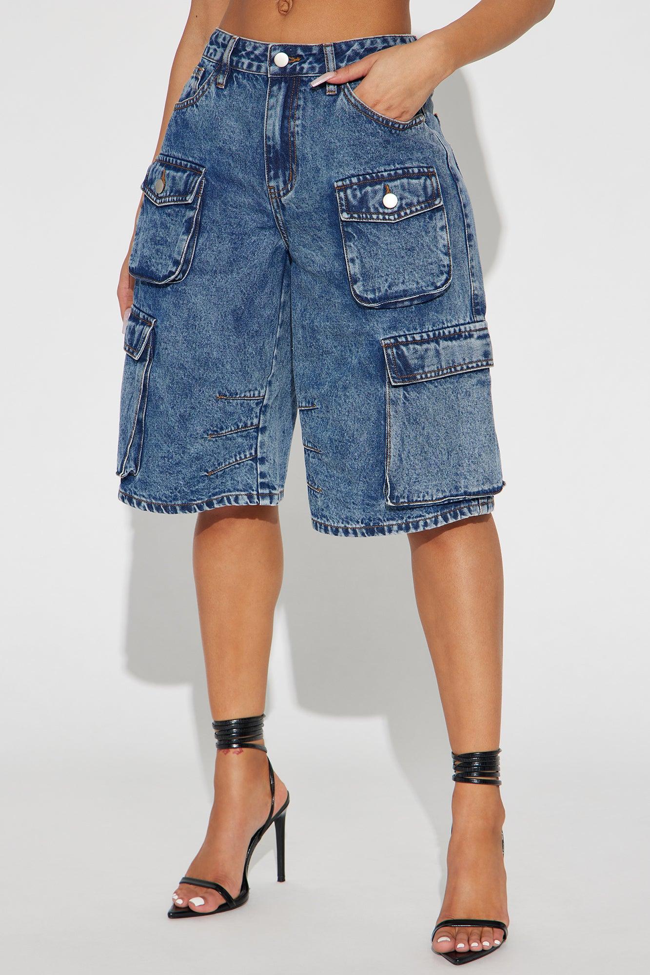 Frankie Acid Wash Cargo Denim Jorts - Medium Wash Product Image