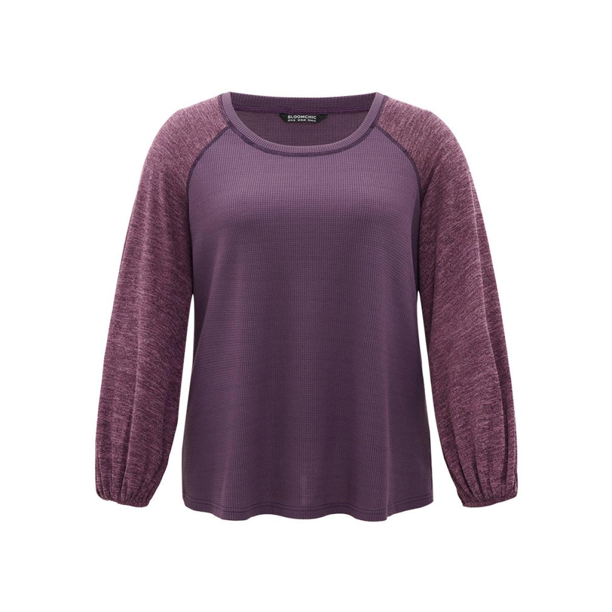 Plus Size Contrast Patchwork Heather Lantern Sleeve Sweatshirt Women Purple Casual Patchwork Round Neck Dailywear Sweatshirts BloomChic 10/M Product Image