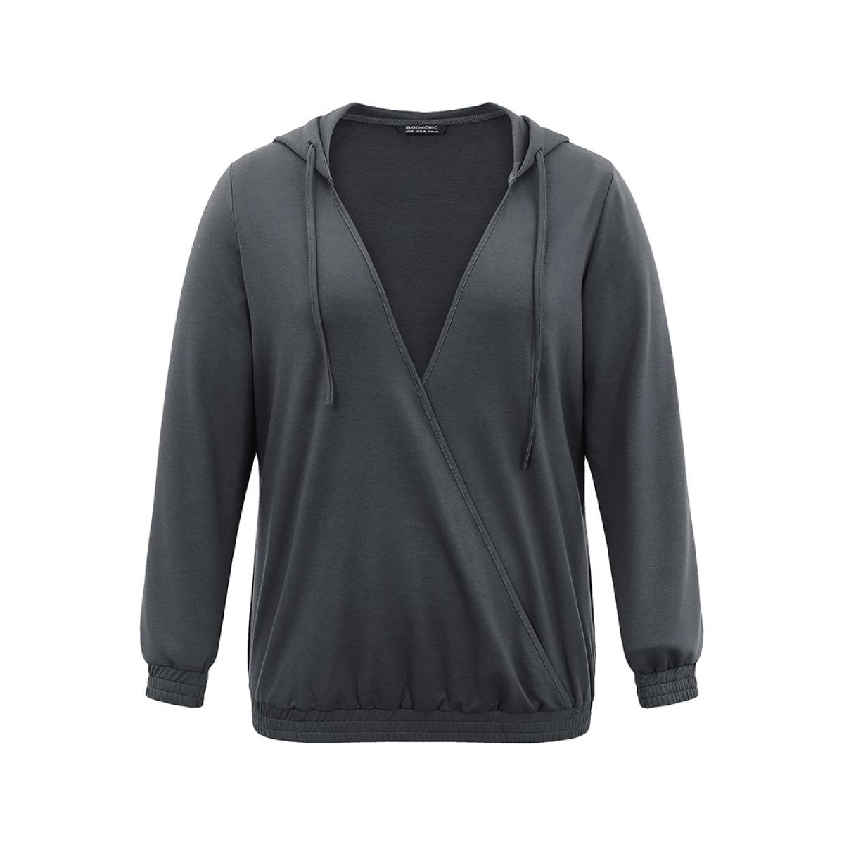 Plus Size Deep V Neck Hooded Drawstring Sweatshirt Women DimGray Casual Plain Hooded Dailywear Sweatshirts BloomChic 12/L Product Image