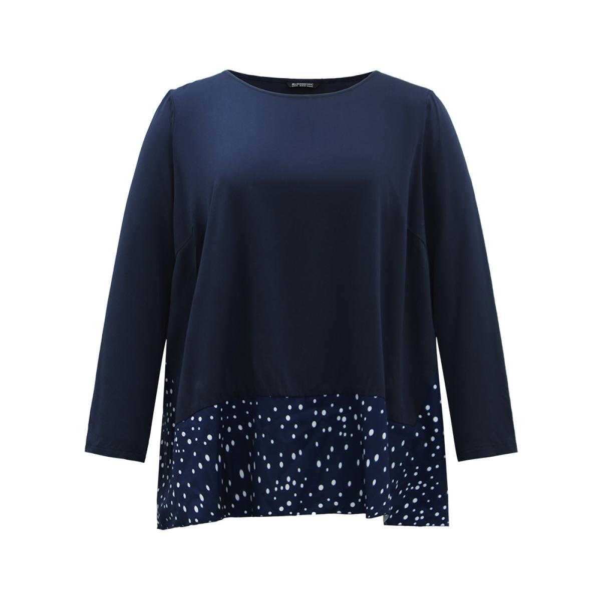 Plus Size Indigo Polka Dot Patchwork Long Sleeve Blouse Women Office Long Sleeve Round Neck Office Blouses BloomChic 30/6X Product Image