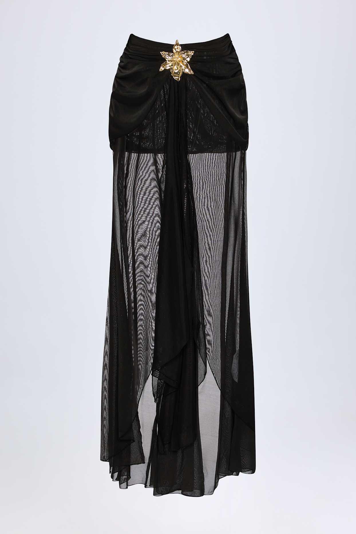 Ruched Hardware-Detail Fishtail Maxi Skirt in Black Product Image