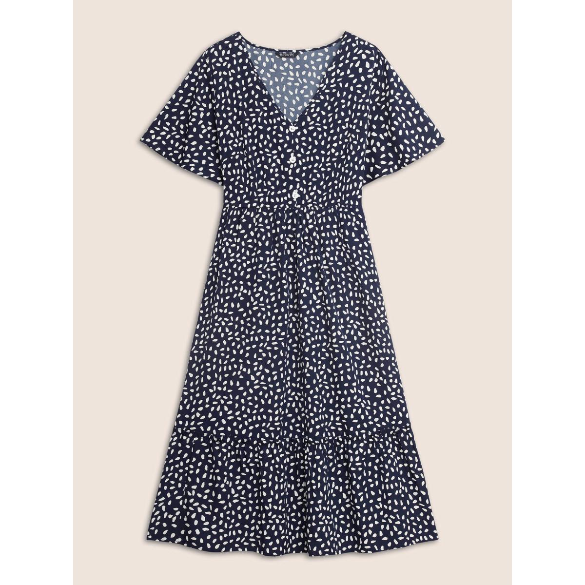 Plus Size Polka Dot Button Detail Ruffle Sleeve Pleated Dress DarkBlue Women Elegant Button V-neck Short sleeve Curvy BloomChic 30/6X Product Image
