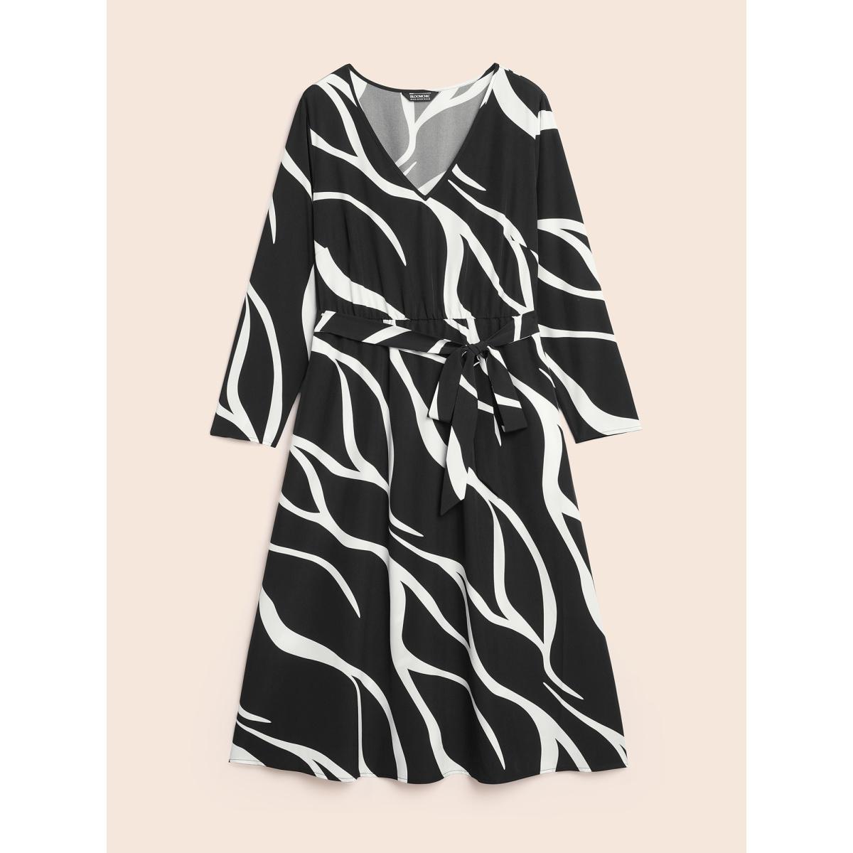 Plus Size V Neck Geometric Belted Dress Black Women At the Office Belted V-neck Long Sleeve Curvy BloomChic 22-24/3X Product Image