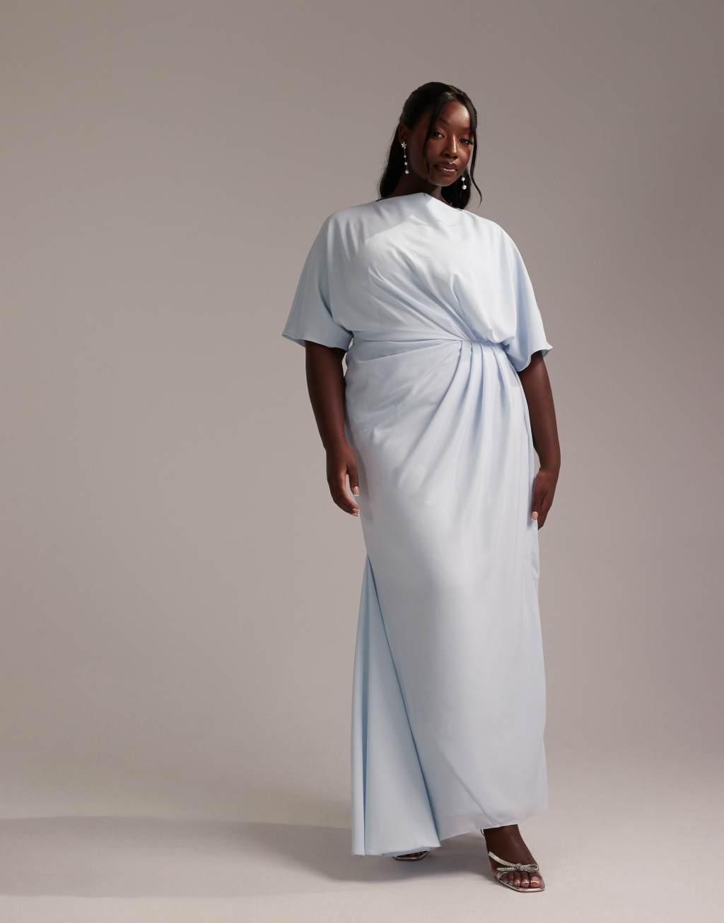ASOS DESIGN Curve Bridesmaids slash neck crepe t-shirt sleeve minimal drape maxi dress in light blue Product Image