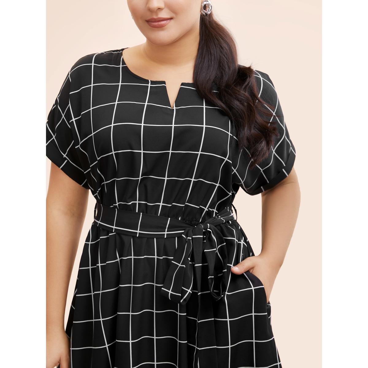Plus Size Plaid Notched Collar Dolman Sleeve Dress Black Women At the Office Belted Notched collar Short sleeve Curvy BloomChic 28/5X Product Image