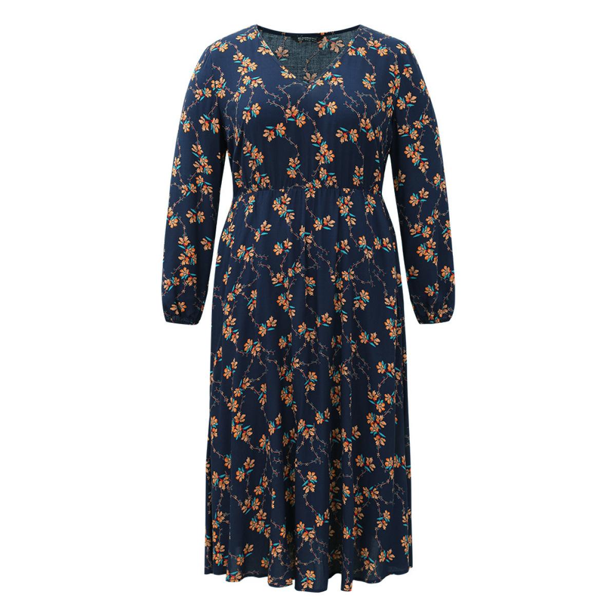 Plus Size Floral Print Elastic Waist Lantern Sleeve Dress DarkBlue Women Elegant Elastic cuffs V-neck Long Sleeve Curvy Midi Dress BloomChic 26/4X Product Image