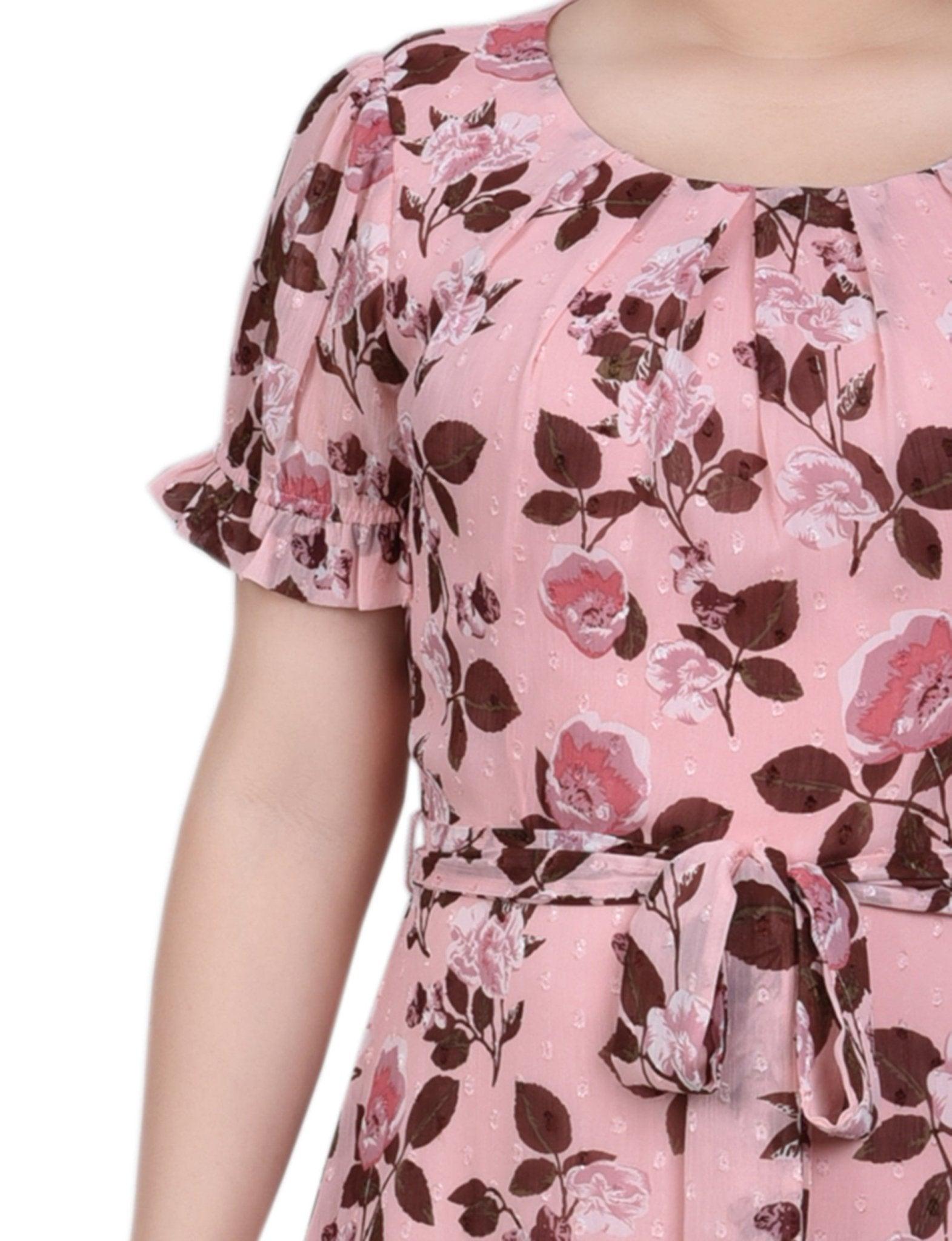 Mauve Floral Short Sleeve Belted Swiss Dot Dress - Petite Product Image