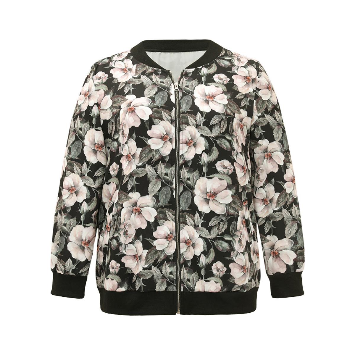 Plus Size Floral Print Patchwork Zipper Jacket Women BlackFlower Elastic cuffs Pocket Everyday Jackets BloomChic 14-16/1X Product Image
