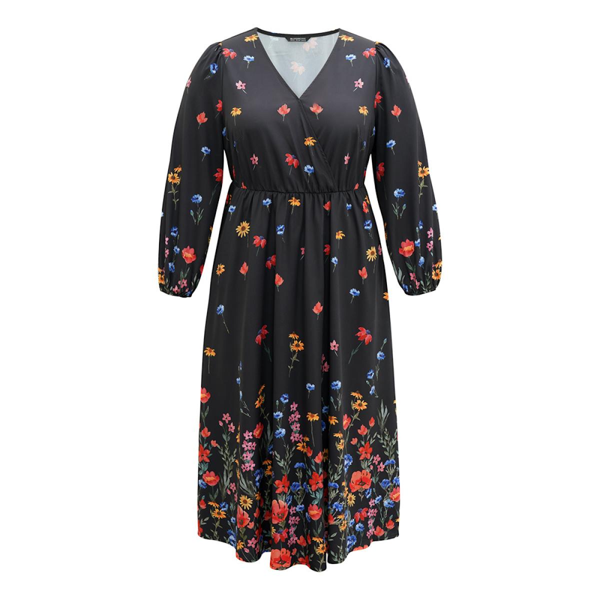Plus Size Boho Print Overlap Collar Lantern Sleeve Dress Black Women Elegant Elastic cuffs Overlap Collar Long Sleeve Curvy Midi Dress BloomChic 18-20/2X Product Image