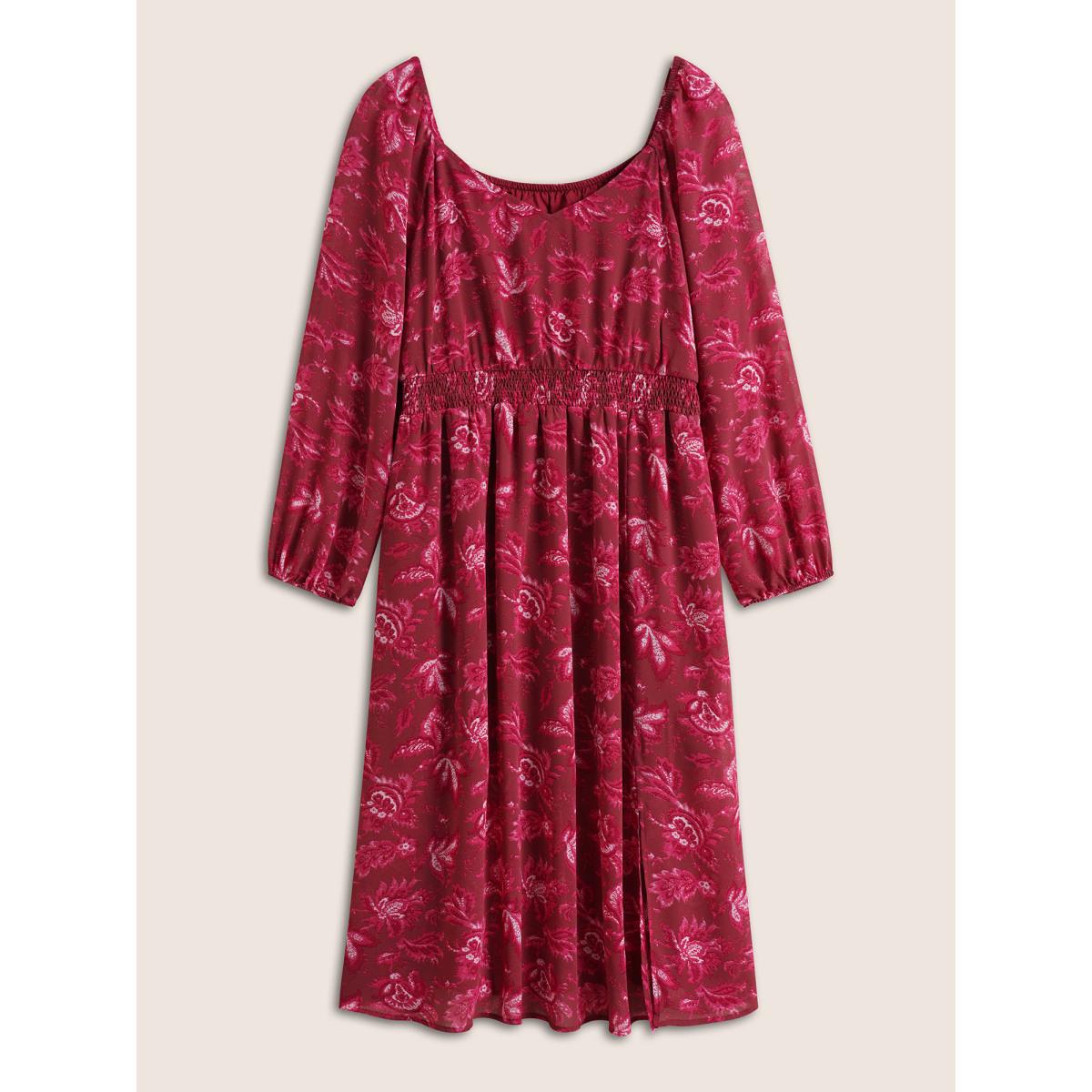 Plus Size Square Neck Floral Shirred Gathered Mesh Dress Russet Women Elegant See through Square Neck Long Sleeve Curvy Midi Dress BloomChic 12/L Product Image