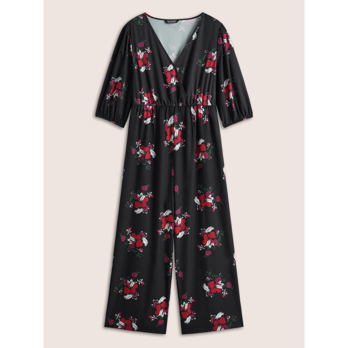 Plus Size Black Floral Elastic Waist Overlap Collar Gathered Jumpsuit Women Elegant Elbow-length sleeve Overlap Collar Everyday Loose Jumpsuits BloomChic 12/L Product Image