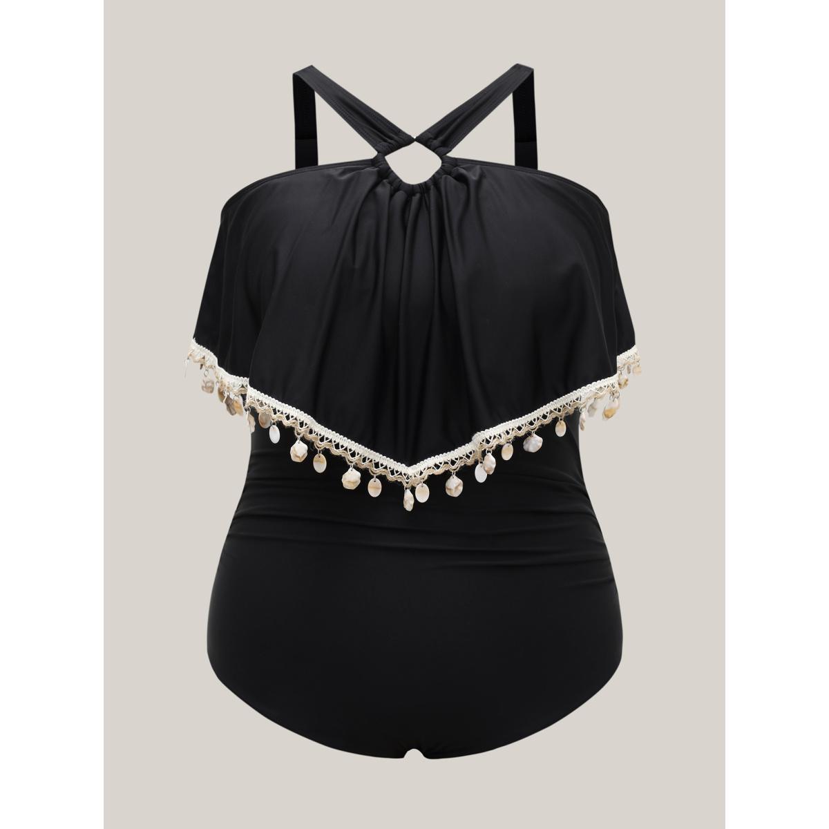 Plus Size Shell Lotus Leaf Edge One-Piece Swimsuit Women's Swimwear Black Beach Gathered Curve Bathing Suits High stretch One Pieces BloomChic 18-20/2X Product Image