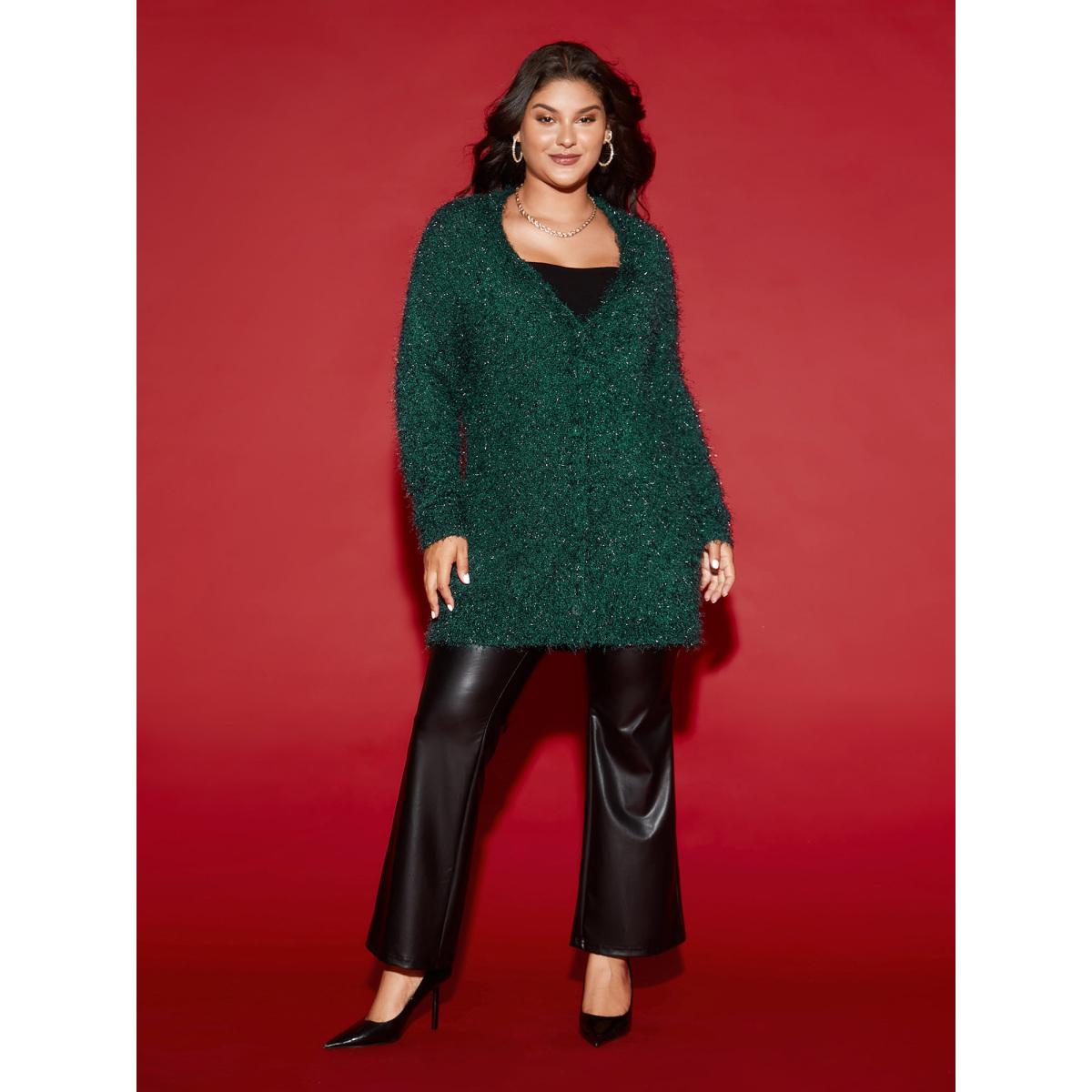 Plus Size Shimmery V-neck Button-Front Cardigan DarkGreen Women Cocktail Loose Long Sleeve Party Cardigans BloomChic 28/5X Product Image