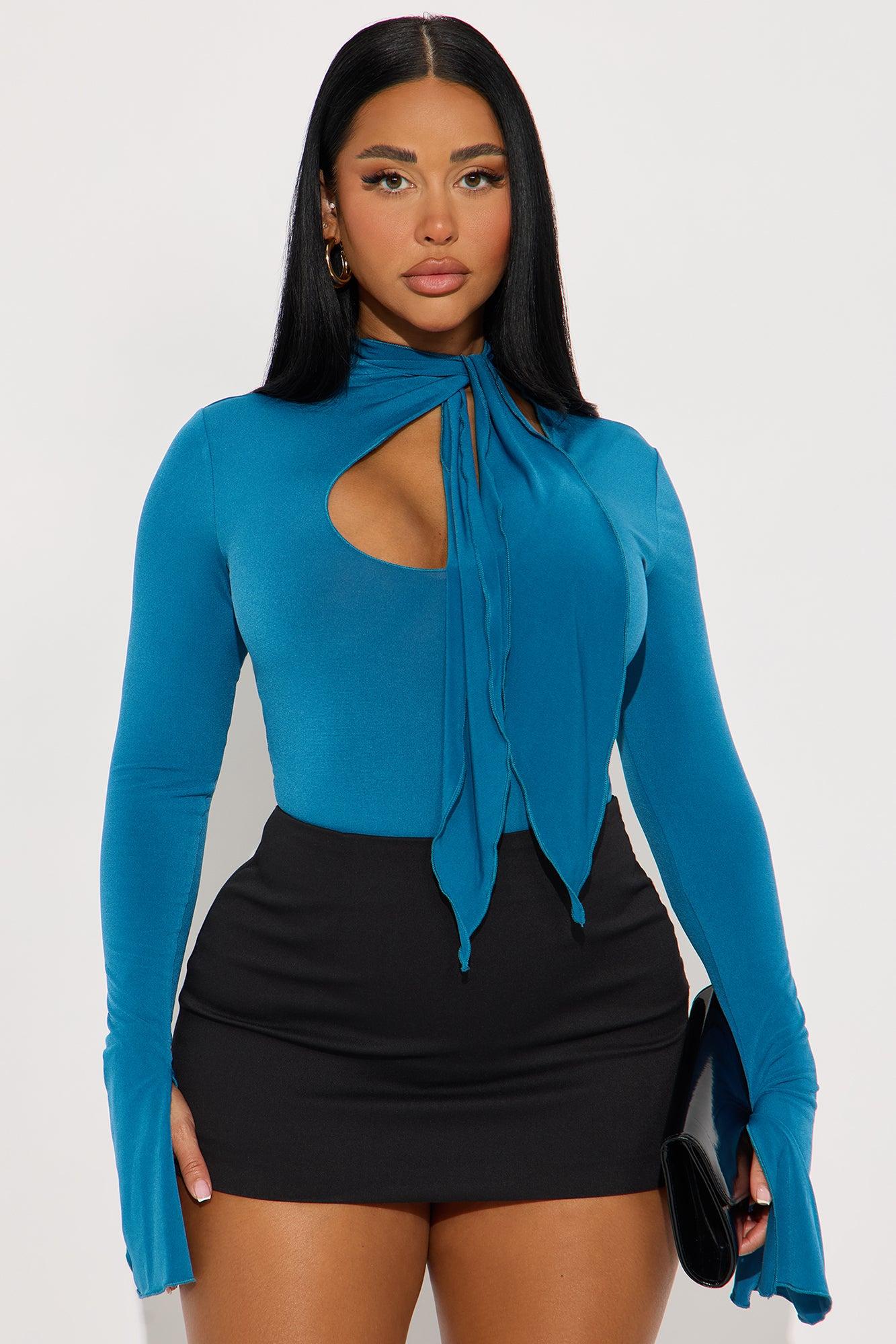 Silent Drama  Long Sleeve Mock Neck Bodysuit - Teal Female Product Image