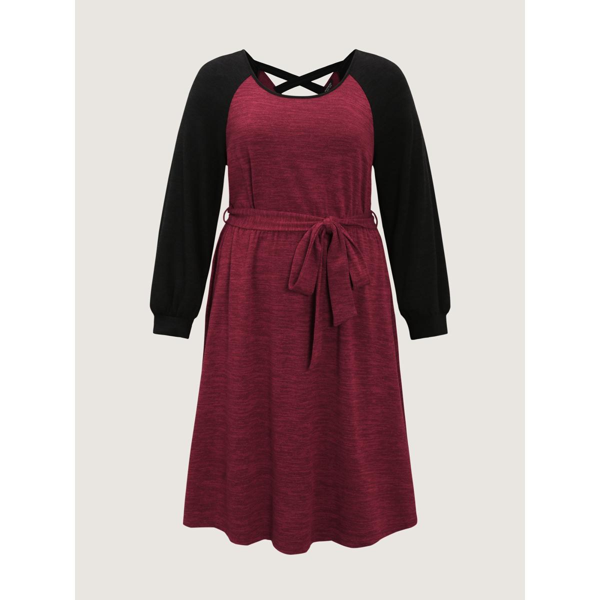 Plus Size Color Contrast Back Cut-Out Stretchy Midi Dress Burgundy Women Leisure Tie knot Round Neck Extra Long Sleeve Curvy BloomChic 10/M Product Image