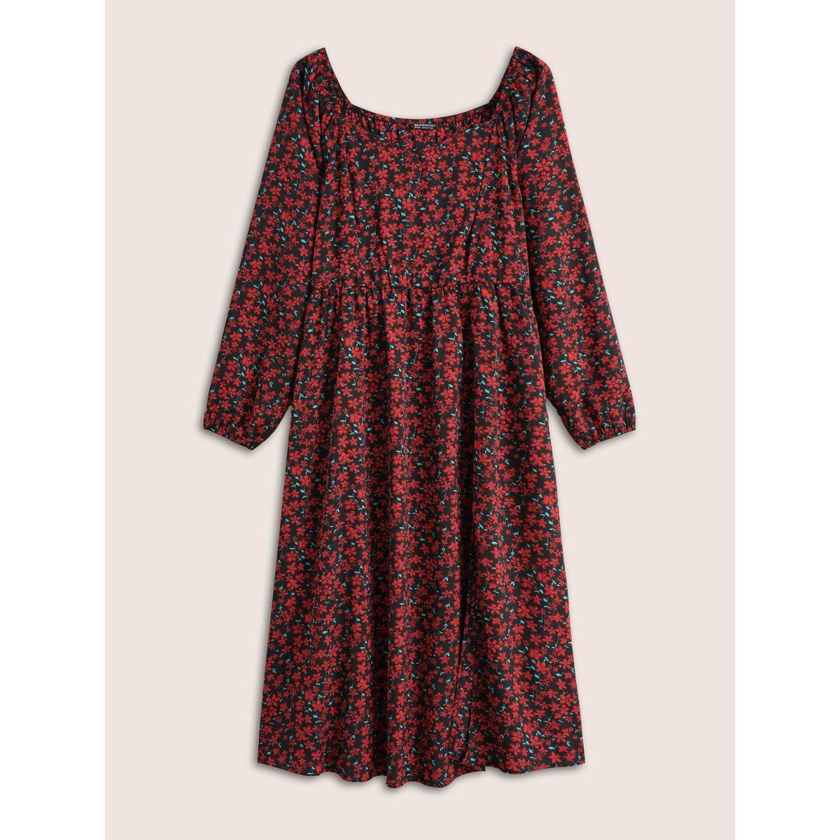 Plus Size Ditsy Floral Square Neck Split Side Dress Black Women Elegant Elastic cuffs Square Neck Long Sleeve Curvy Midi Dress BloomChic 28/5X Product Image