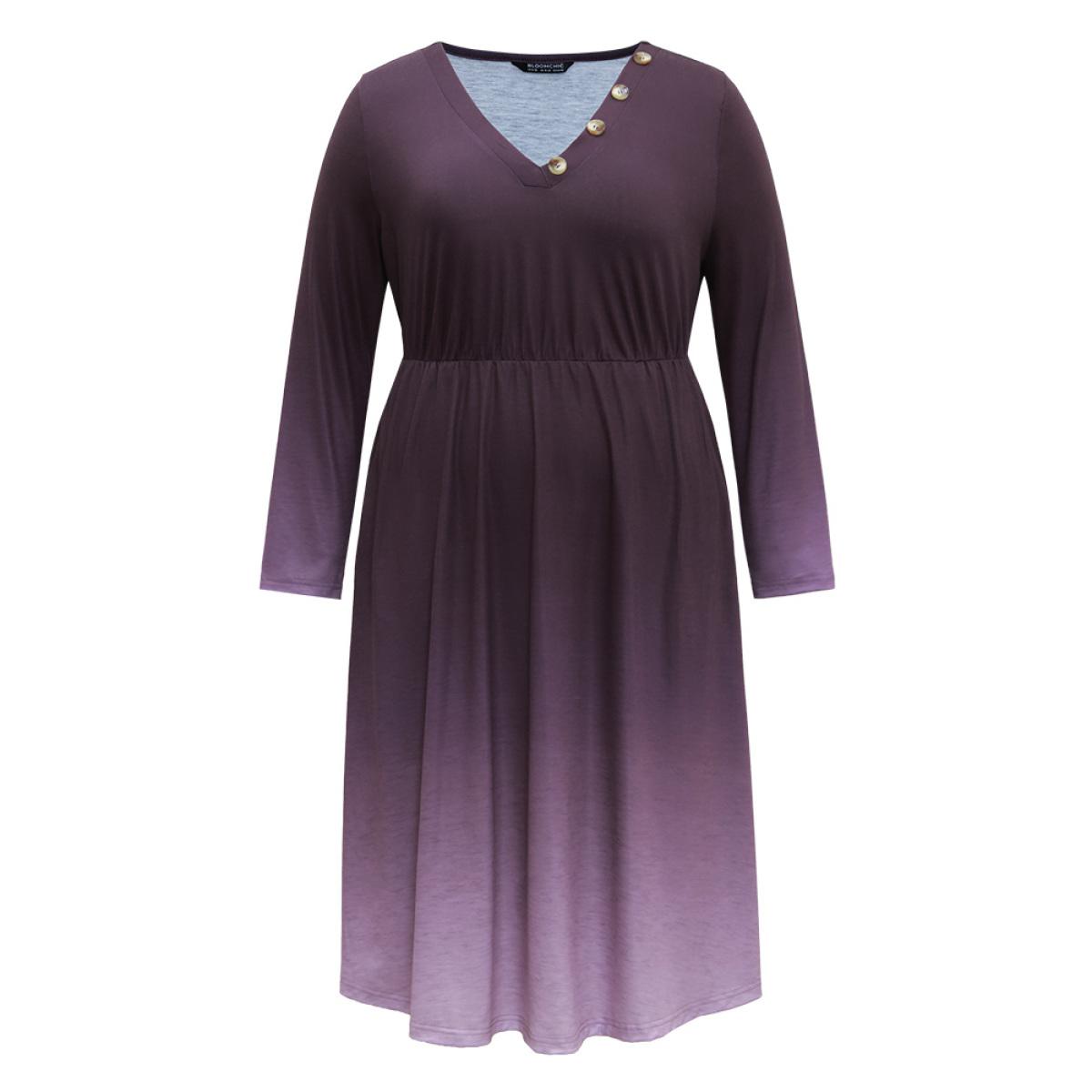 Plus Size Tie Dye Button Detail Pocket Elastic Waist Dress Purple Women Casual Tie Dye V-neck Long Sleeve Curvy Midi Dress BloomChic 26/4X Product Image