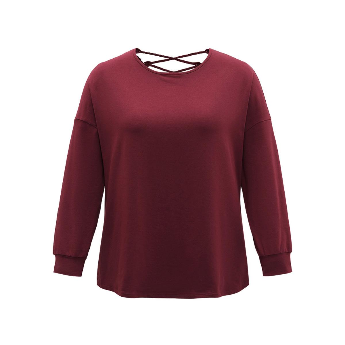 Plus Size Plain Guipure Lace Crisscross Cut Out Sweatshirt Women Burgundy Elegant Elastic cuffs Round Neck Dailywear Sweatshirts BloomChic 10/M Product Image
