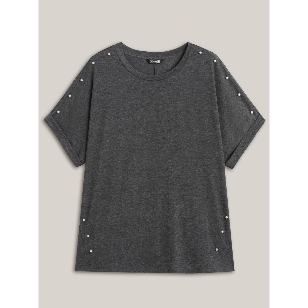 Plus Size Pearl Beaded Shoulder Plain T-Shirt DimGray Women Beaded Round Neck Loose Everyday-Casual T-shirts BloomChic 12/L Product Image