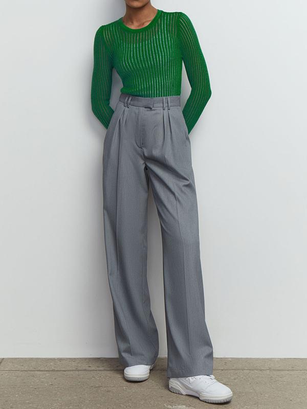 Long Sleeves Skinny See-Through Split-Joint Round-Neck T-Shirts Product Image