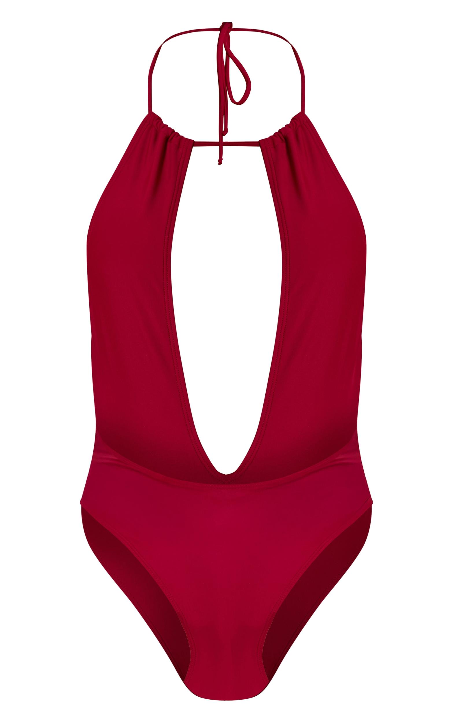 Magenta Ruched Plunge Halter Swimsuit Product Image