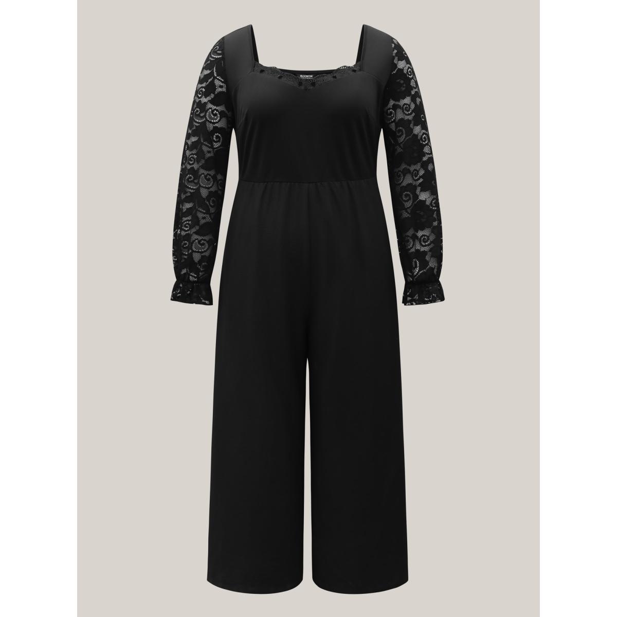 Plus Size Black Lace Sheer Sleeve Flared Jumpsuit Women Elegant Extra Long Sleeve Heart neckline Elegant Loose Jumpsuits BloomChic 10/M Product Image