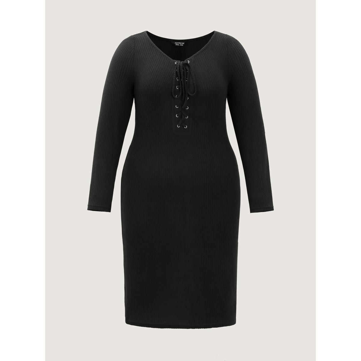 Plus Size Stretchy Round Neck Lace-Up Midi Dress Black Women Timeless Wraparound straps Boat Neck Long Sleeve Curvy BloomChic 18-20/2X Product Image
