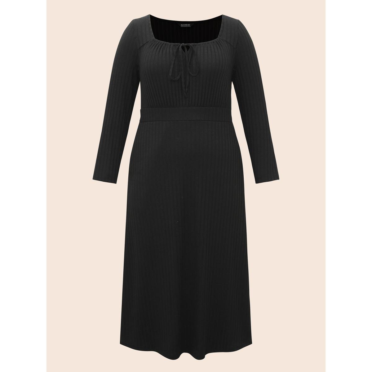 Plus Size Square Neck Rib Knit Drawstring Dress Black Women Elegant Texture Square Neck Long Sleeve Curvy BloomChic 22-24/3X Product Image