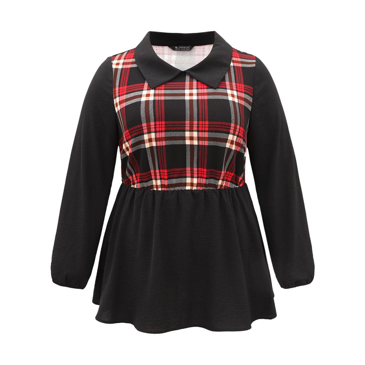 Plus Size Black Plaid Patchwork Lapel Collar Lantern Sleeve Blouse Women Office Long Sleeve Lapel Collar Office Blouses BloomChic 14-16/1X Product Image