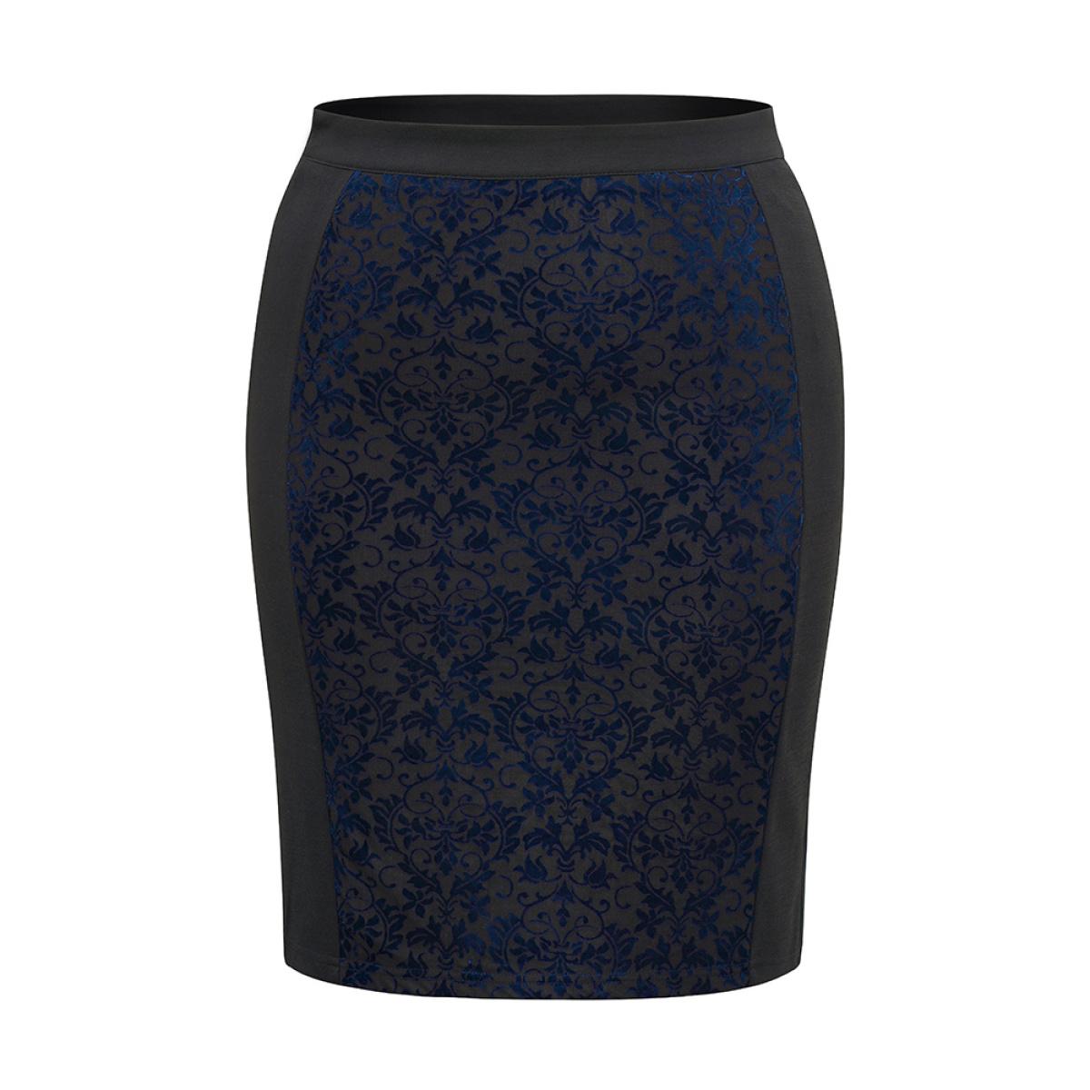Plus Size Silhouette Floral Print Contrast Flocking Skirt Women Black Elegant Velvet Bodycon Medium stretch Everyday Skirts BloomChic 22-24/3X Product Image