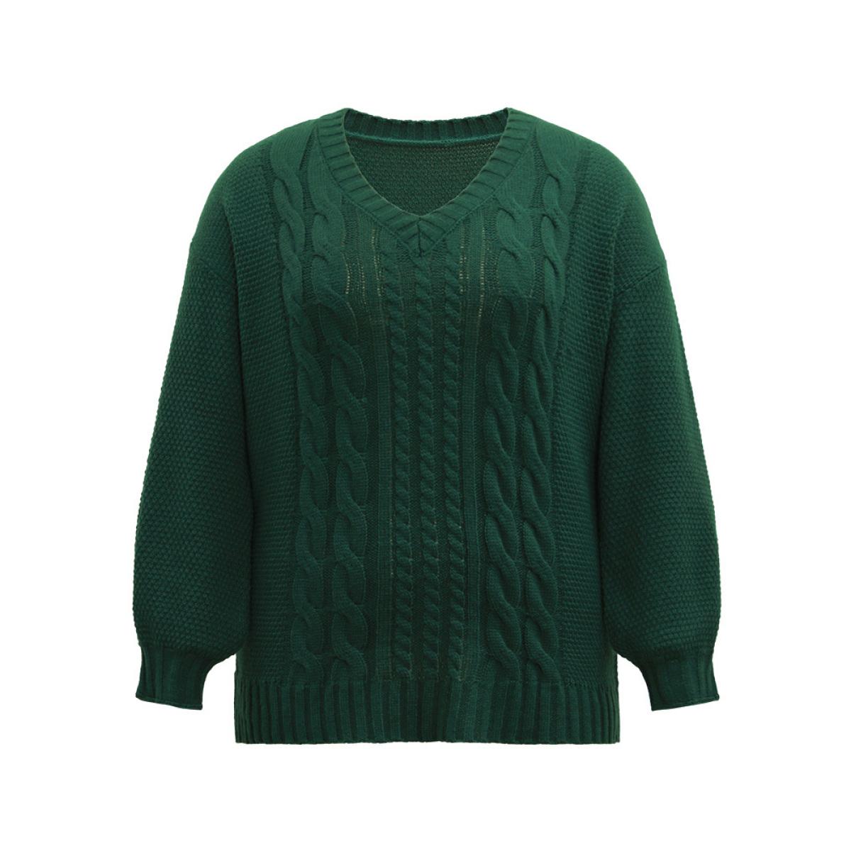 Plus Size Solid Cable Knit V Neck Elastic Cuffs Pullover DarkGreen Women Casual Loose Long Sleeve V-neck Everyday Pullovers BloomChic 22-24/3X Product Image
