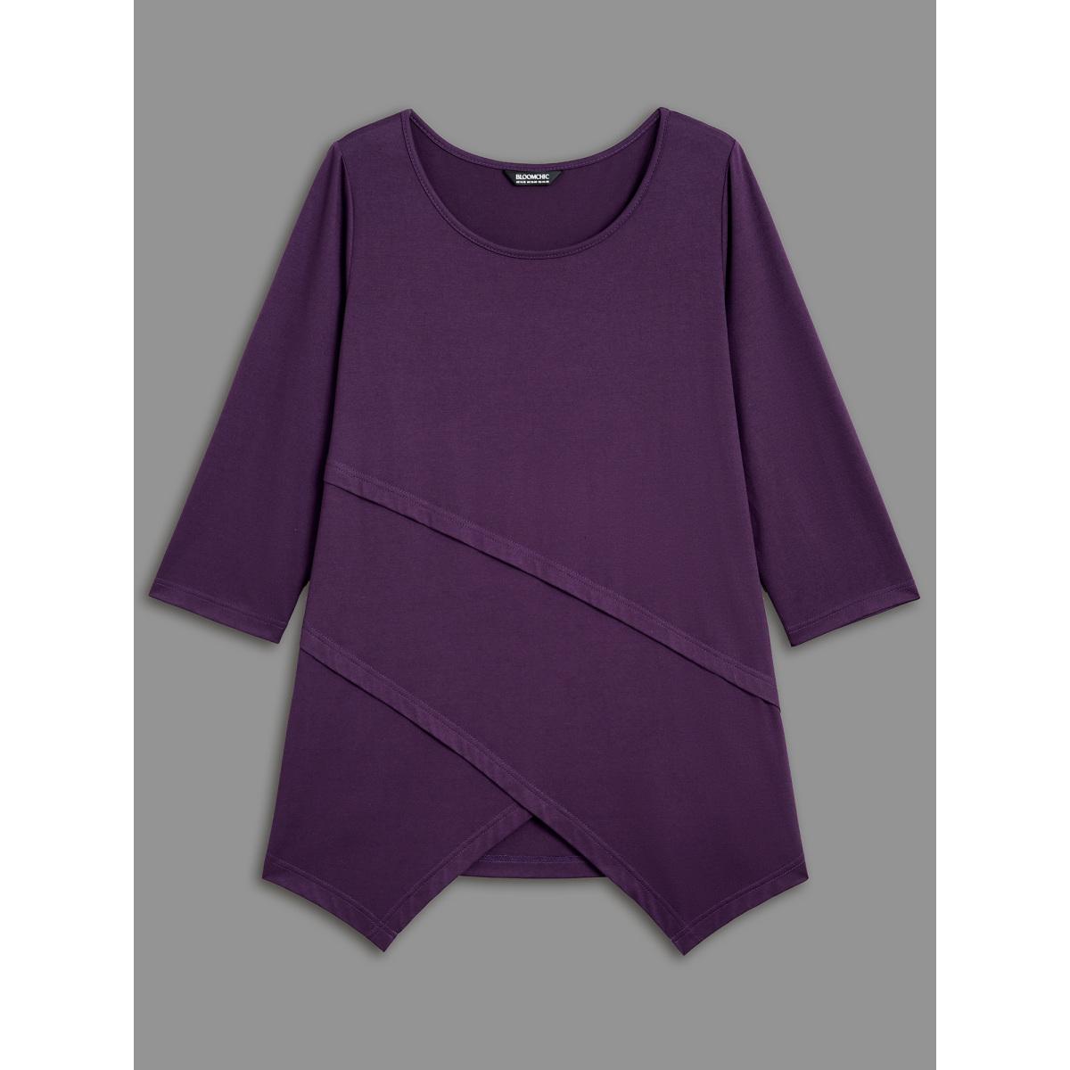 Plus Size Asymmetrical Hem Overlap Long T-shirt Eggplant Women Leisure Tucked seam Round Neck Loose Casual T-shirts BloomChic 14-16/1X Product Image