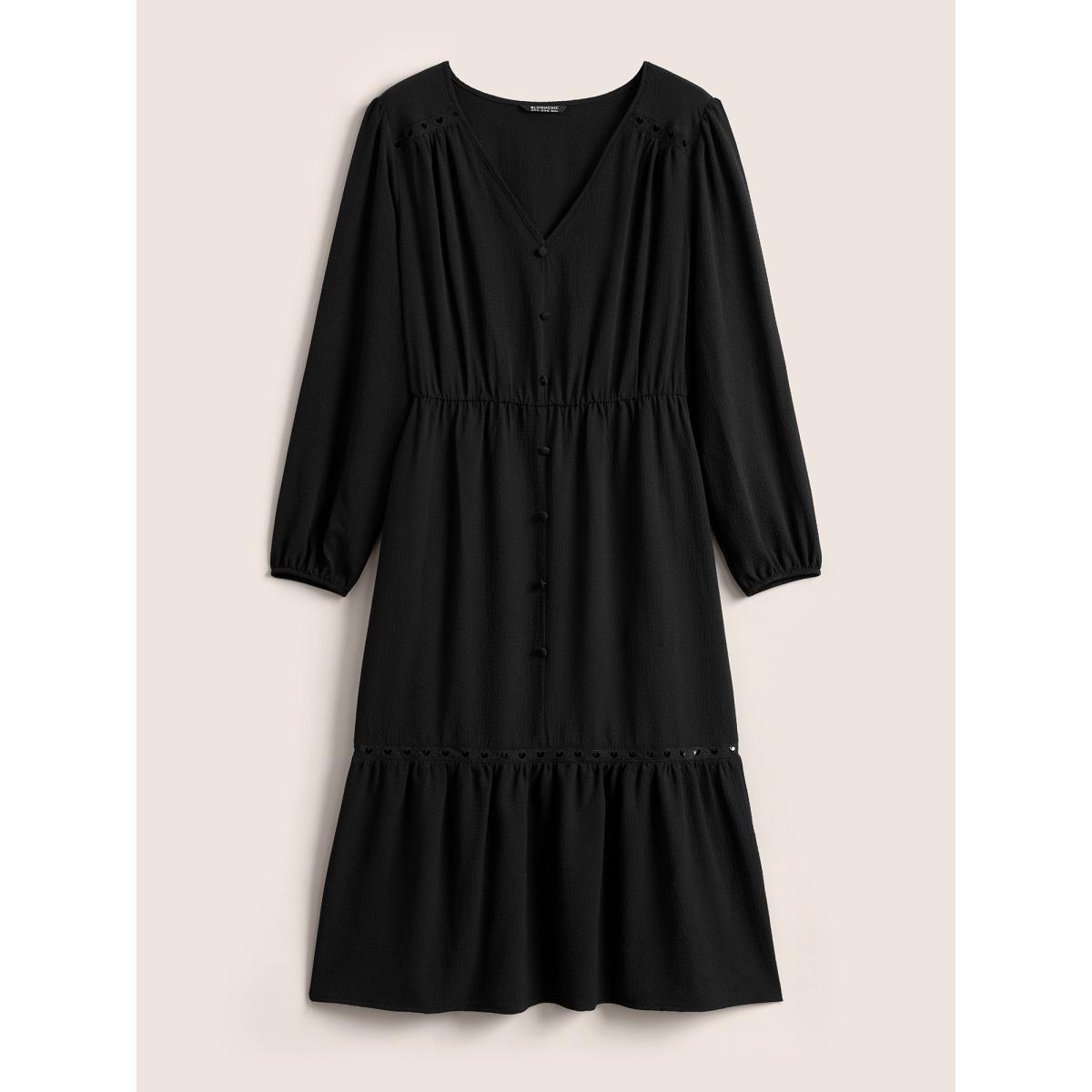 Plus Size Hollow Out Lantern Sleeve Flutter Layered Hem Dress Black Women At the Office Non V-neck Long Sleeve Curvy Midi Dress BloomChic 10/M Product Image