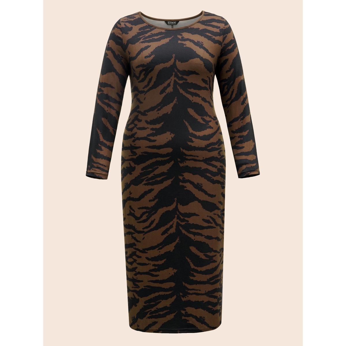 Plus Size Tiger Print Boat Neck Midi Dress DarkBrown Women Elegant Non Boat Neck Long Sleeve Curvy BloomChic 28/5X Product Image