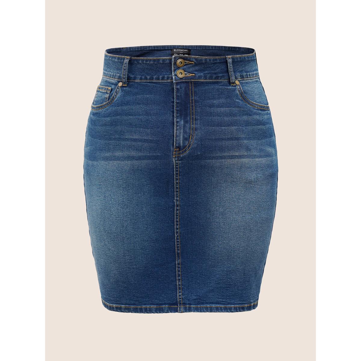 Plus Size Dark Wash Split Back Bodycon Denim Skirt Women Blue Everyday Non Plain High stretch Dark Wash 12/L Slanted pocket Elegant Denim Skirts BloomChic Product Image