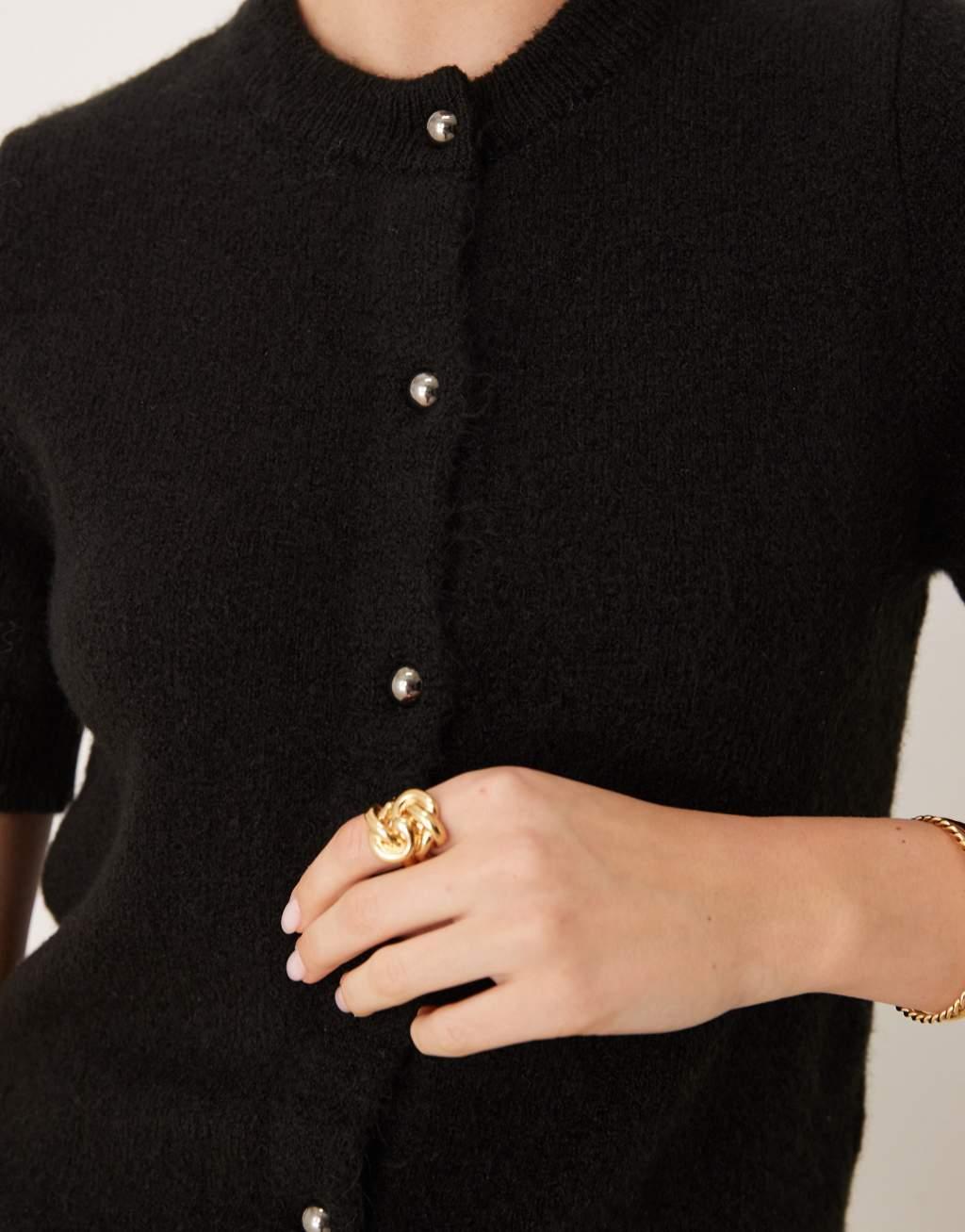 Gina Tricot knitted short sleeve cardigan in black Product Image