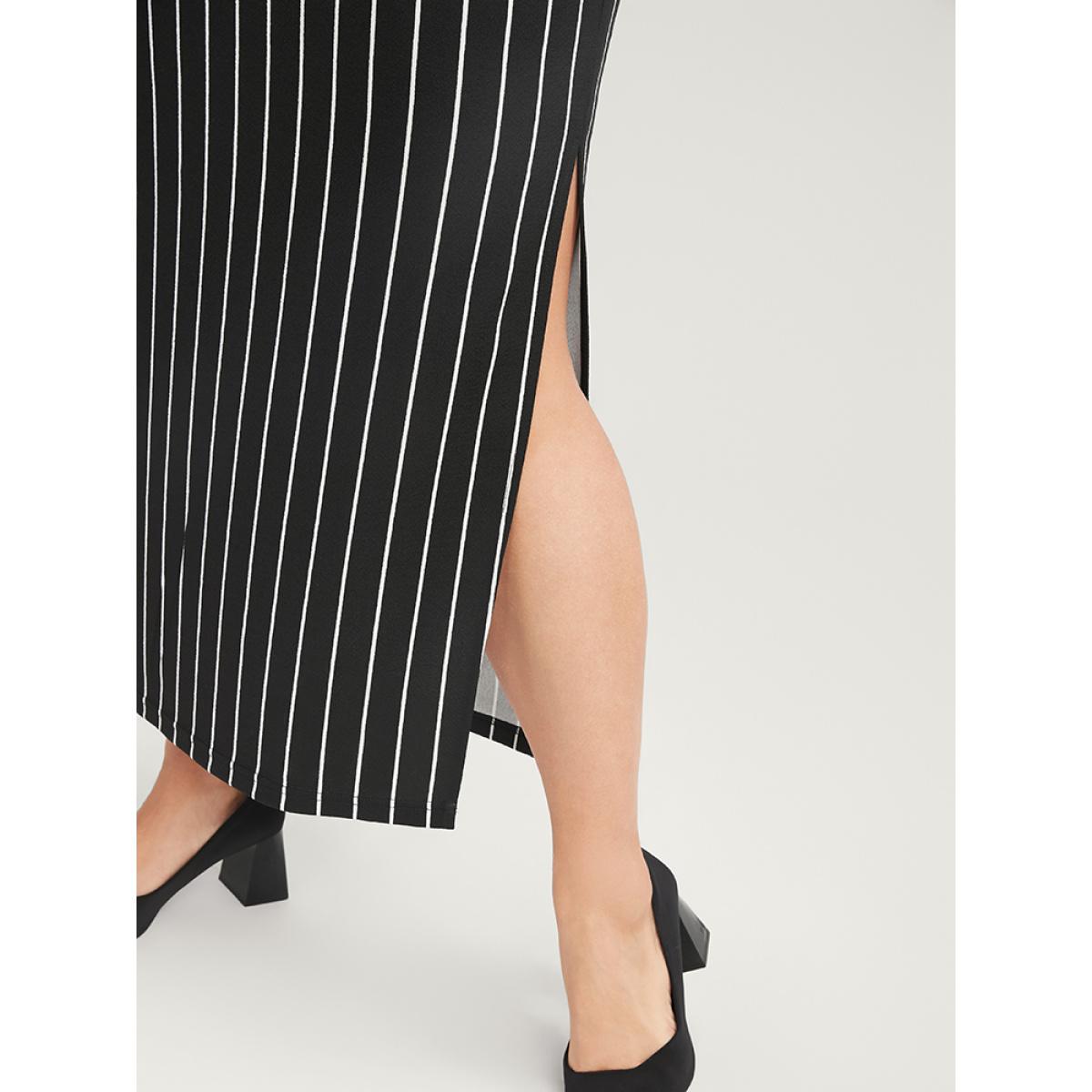 Plus Size Striped Elastic Waist Split Skirt Women Black Office Elastic Waist Medium stretch Work Skirts BloomChic 12/L Product Image