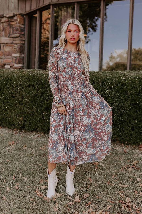 Vineyard Cutie Asymmetrical Floral Mesh Midi in Mocha Product Image