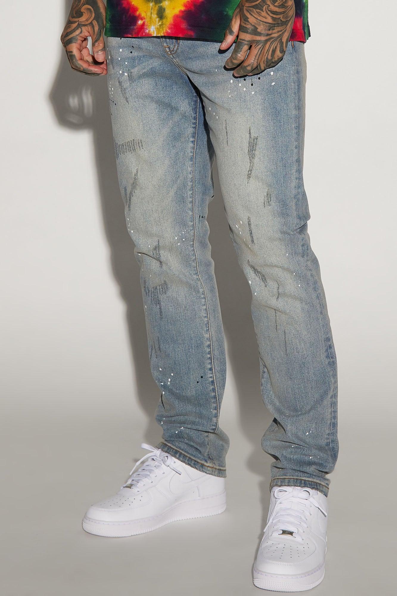 Ripped And Bleach Splatter Slim Jeans - Light Blue Wash Product Image