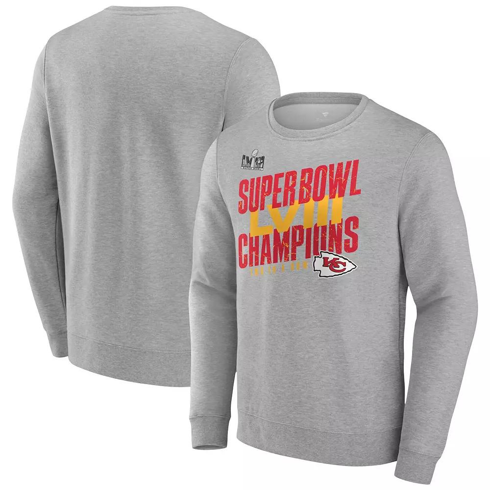 Men's Fanatics Branded Heather Gray Kansas City Chiefs Super Bowl LVIII Champions Iconic Victory Crewneck Pullover, Size: 2XL, Grey Product Image