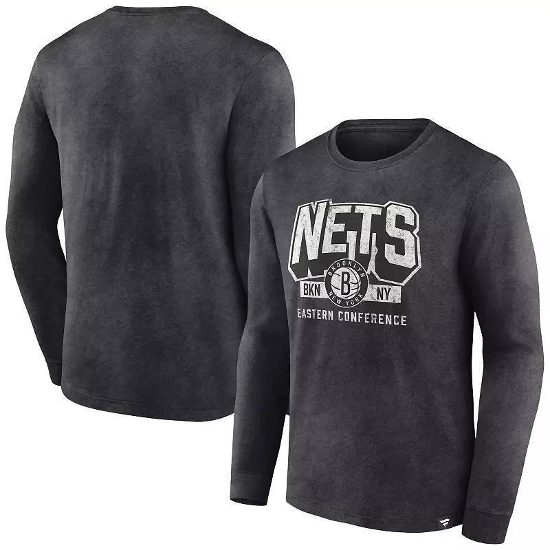 Men's Fanatics Branded Heather Charcoal Brooklyn Nets Front Court Press Snow Wash Long Sleeve T-Shirt,  Product Image