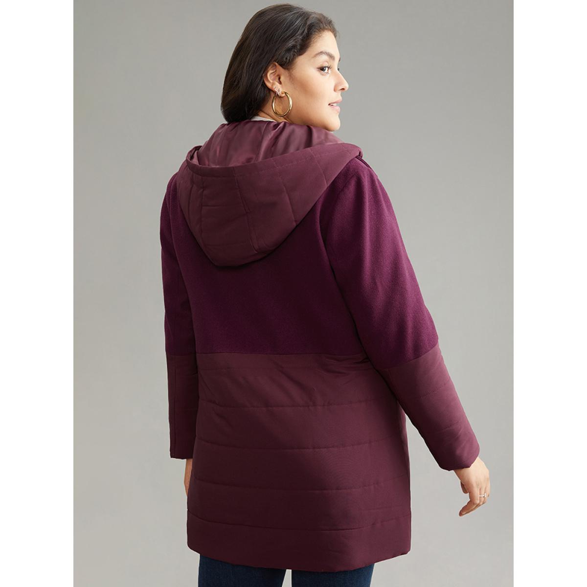 Plus Size Plain Patchwork Zipper Padded Hooded Coat Women Burgundy Casual Lined Ladies Dailywear Winter Coats BloomChic 30/6X Product Image