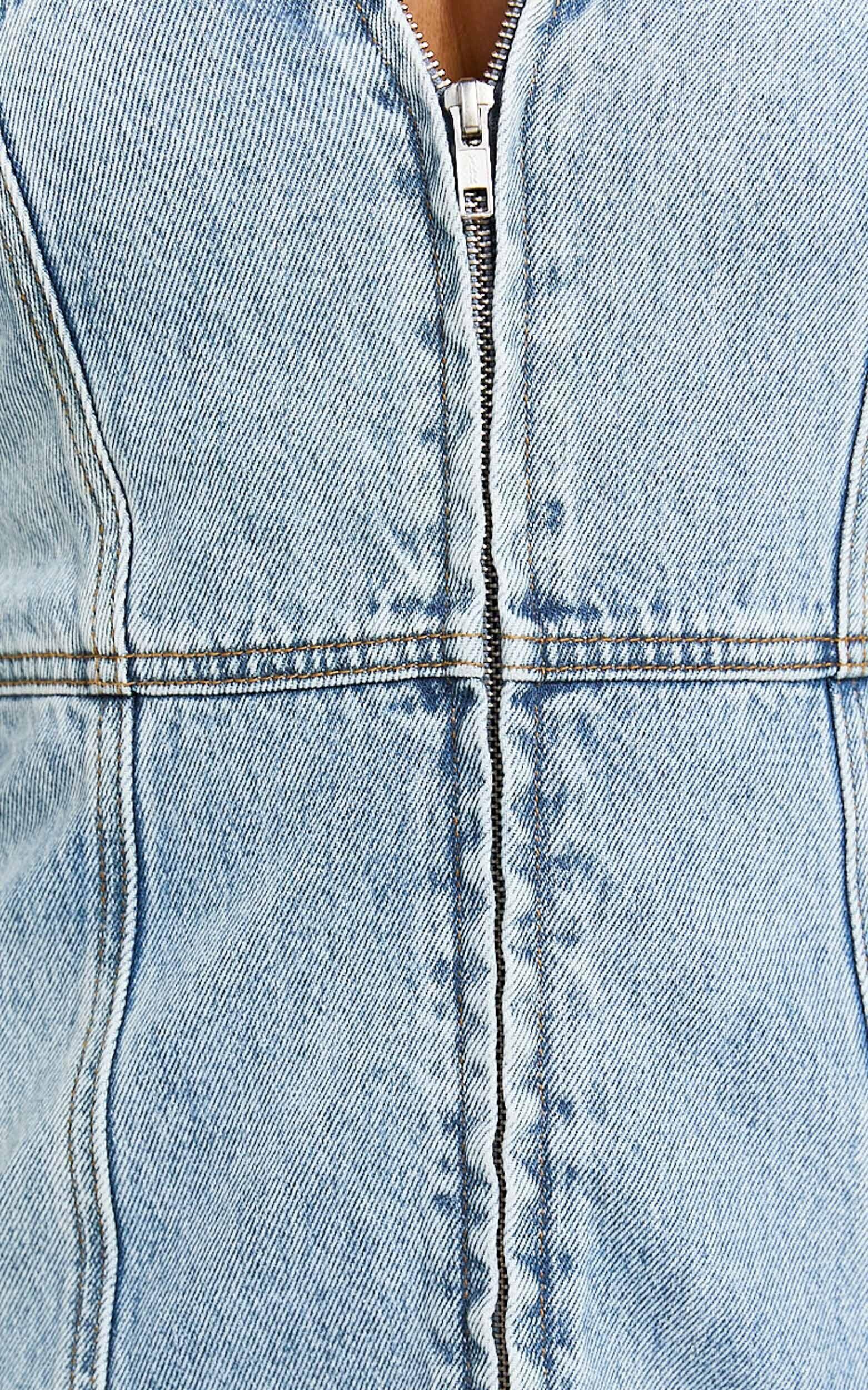 Chrysoula Mini Dress - Square Neck Zip Front Sleeveless Bodycon Denim in Light Blue Wash Product Image