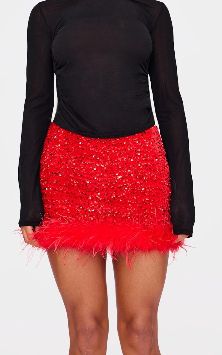 Red Premium Velvet Sequin Feather Hem Mini Skirt Product Image
